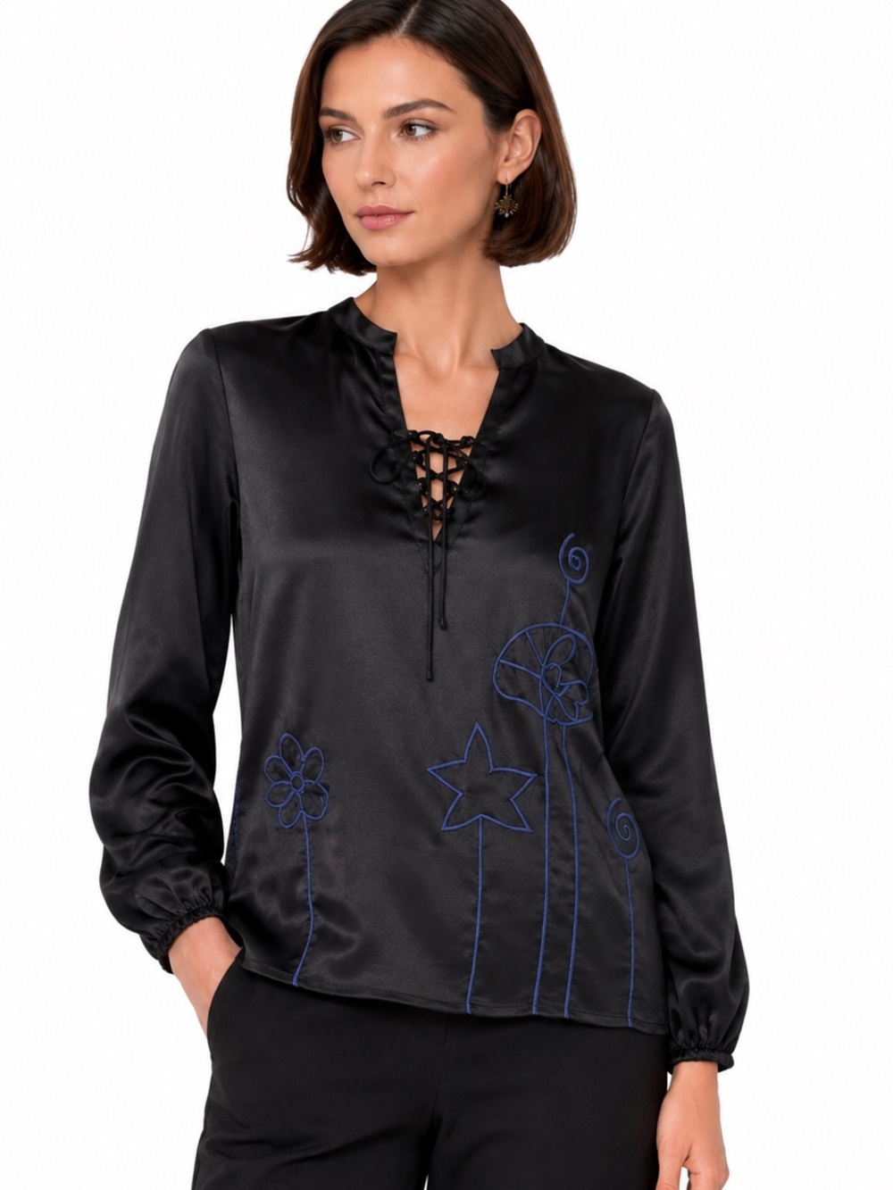 NWT Lingua Franca Embroidered Hudson 100% Silk Long Sleeve Popover Black Size S